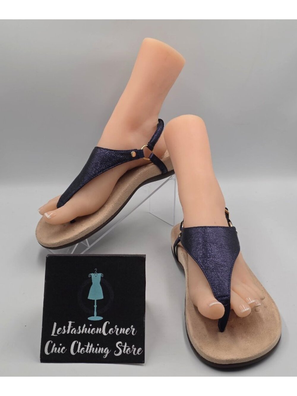 Vionic Womens Metallic Navy Leather Kirra T Strap Cushioned Sandals Sz 9.5 3928